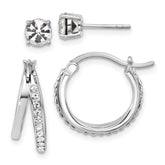 Sterling Silver Platinum Flash-plated Polished White Crystal Post and Hoop Earring Set
